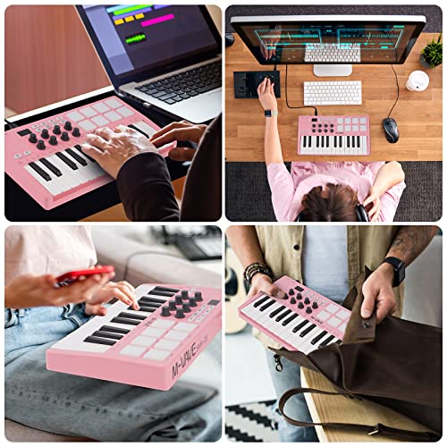 Image of M-WAVE 25 Key USB MIDI Keyboard Controller With 8 Backlit Drum Pads, Bluetooth Semi Weighted Professional dynamic keybed 8 Knobs and Music Production,Software Included (Pink)