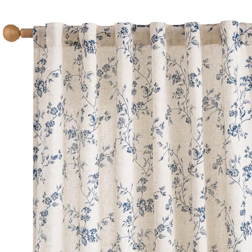 Lazzzy Blue Vintage Floral Linen Curtains Farmhouse 50W X 84L 2 Panels