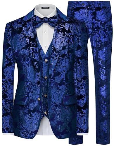 MAGE MALE Mens Suits Dress Floral Tuxedo Slim Fit 3 Piece Suit 2 Button Prom Party Blazer Vest Pants Set with Bow Tie