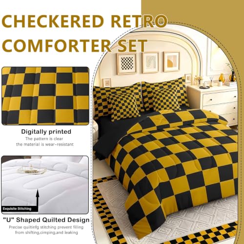 Image of Feelyou Checkered 7 Piece Bedding Set Teen Yellow Black Plaid Comforter Set with Sheets Full Size Kids Boys Cute Retro Neutral Checkerboard Geometric Bed in a Bag Vintage Aesthetic Room Decor