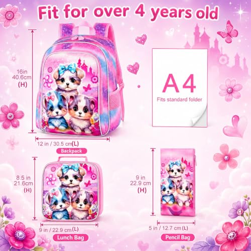 Image of AGSDON 3PCS Backpacks for Girls, 16 inch Elementary Kids Cute Dog Backpack Preschool School Bookbags and Lunch Box