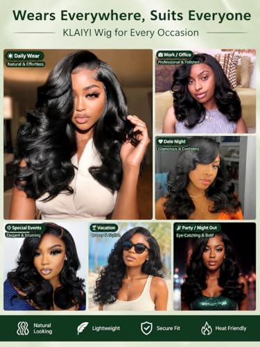 Image of KLAIYI Loose Body Wave Glueless Bouncy Curls 180% Density Bye Bye Knots Precut 7x5 Lace Front Wigs Human Hair Drawstring Pre Plucked Bleached 3S Ready to Wear and Go Wig with Face Framing Bangs 14Inch