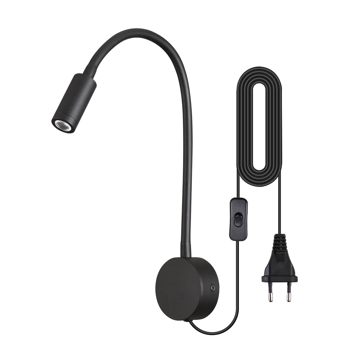 Wall Mounted Reading Light LED 3W Warm White 3000K Plug Cord Black Finished
