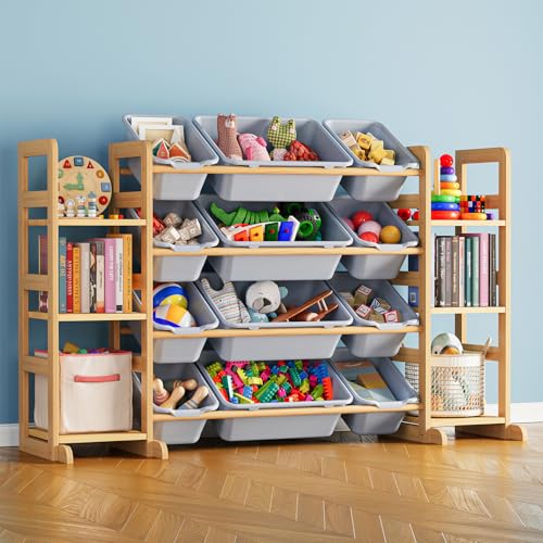 Image of SpaceAid Toy Storage Organizer with 6 Shelves and 12 Bins, Toy Organizers Storage Bookshelf, Kids Bin Shelf Toys Box Bookcase for Bedroom Playroom Organization Room Decor, Neutral Gray