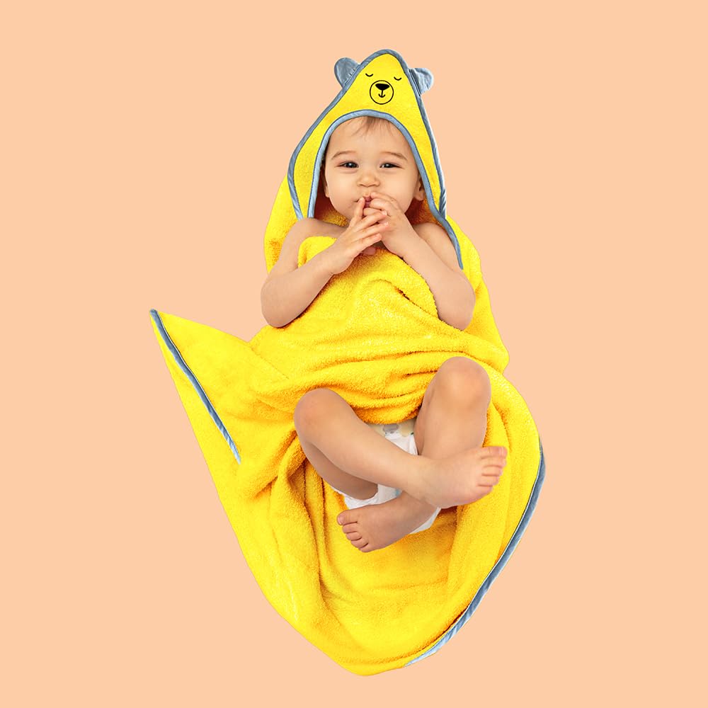 Kridlo 100% Cotton Super Soft Baby Hooded Terry Towels (Pack of 2, 70x70cm), Bath Towels for New Born Baby 0-2 Years, Ideal for Infants & Toddlers (Blue Sheep & Yellow Bear)