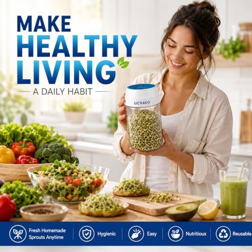 Image of UCRAVO Sprouting Jar for Sprouts Growing Kit with Drain Lid & Stand, Seed Sprouter Container for Mung Beans Alfalfa Lentils Chickpeas, BPA Free Sprout Maker,Germination Jar for Healthy Home Gardening