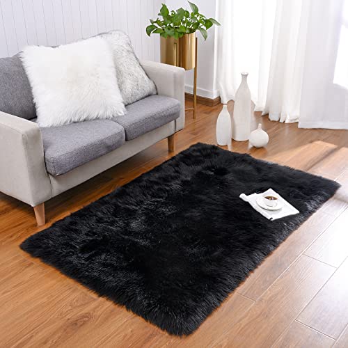 Benron Faux Fur Area Rug - 2' X 3' Black Fluffy Rug Washable Sheepskin Rug White Fur Rug Ultra Soft Chair Seat Covers Throw Rug Pads Small Rugs For Bedroom Living Room Fireplace Decor #TOP1
