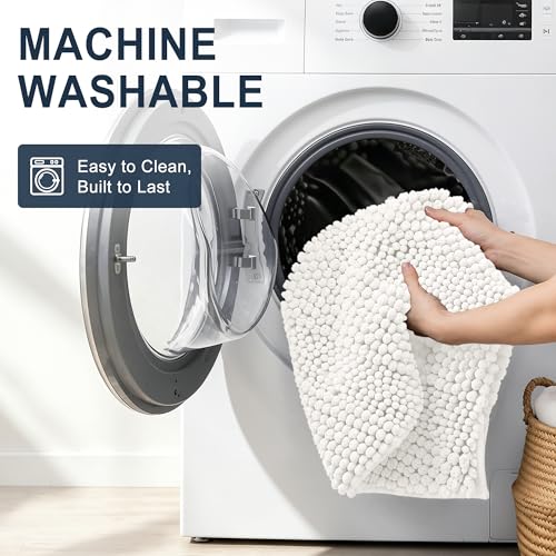 Image of Smiry Thick Chenille Bathroom Rugs 34x21, Extra Soft Absorbent Striped Bath Mat, Machine Washable, Rubber Backing, Bath Rugs for Bathroom, Tub & Shower, Modern Home Decor Accessories, Ivory