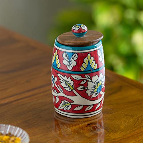 Image of ExclusiveLane 'Mughal Drum' Multi Utility Storage Ceramic Jar For Kitchen Storage With Wooden Lid (Airtight,570 ML)|Ceramic Jars And Container For Kitchen Storage Airtight Container For Kitchen,Red