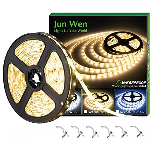 JUNWEN 16.4ft Warm White Led Strip Lights, 12V Outdoor Led Strip Lights Waterproof Flexible Led Light Strip Indoor Plug in Cuttable SMD2835 led Strip Light for Bedroom Cabinet Kitchen TV Hallway Bar