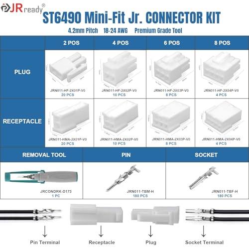 Image of JRready ST6490 Mini-Fit Jr. Dual Row 2 4 6 8 Pin Connector kit, w /Terminal Pin 18-24 AWG, Molex Extraction Tool, Compatible with Molex Mini-Fit Jr. Connector,4.2mm Pitch, 445 Pcs