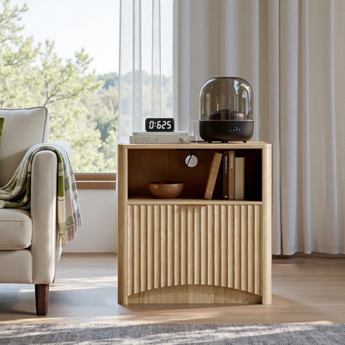 Image of Evermagin Fluted Nightstand with Charging Station, Natural Oak Bedside Table with Drawer and Storage, Wood End Table Mid Century Modern, Large Night Stand for Bedroom