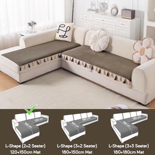 Image of HOKIPO Tassel Tone Sofa Cover L Shape 4 Seater Mat, Coffee Brown