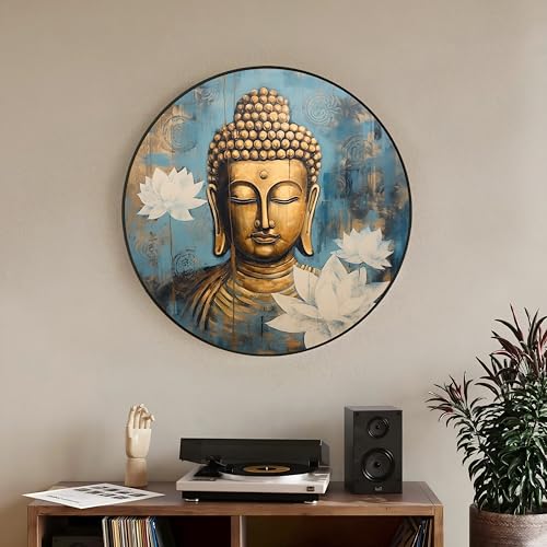 Image of PAINTINGMANTRA Framed Painting Meditating Lord Buddha with Lotus Round Large Wall Art for Living Room Decoration, Circular Gold Metal Finish Stylish Large Wall Art Print for Wall Decor (22x22 Inches)