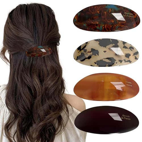 ELLOPH French Hair Barrettes for Women 4Pcs Large Acetate Hair Clips for Thick Curly Thin Fine Hair Vintage Tortoise Big Hair Barrette for Ponytail Easy to Open for Daily Styling Formal Outfits