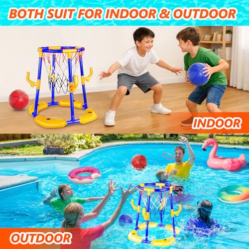 Doviden Pool Basketballkorb Set_Schwimmender Basketballkorb für Pool mit 4 Wasserbällen,Pumpe&Ringen,2-in-1 Pool Spielzeug Erwachsene für Jugendliche/Kinder Poolparty Sommer Wasserspielzeug