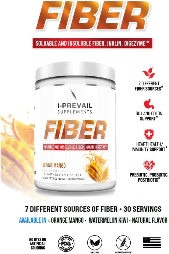 Fiber |8 Grams of Soluble and Insoluble Types | Gut Health, Digestion, Immunity | Vegan and Gluten Free | Great Flavors Easy Mixing | 30 Servings (Orange Mango)
