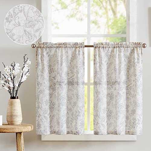 JINCHAN Spring Floral Kitchen Curtains Over Sink Farmhouse Linen Tier Curtains 36 Inch Length Cafe for Living Room Bathroom Botanical Small Drapes Rustic Light Filtering Rod Pocket 2 Panels