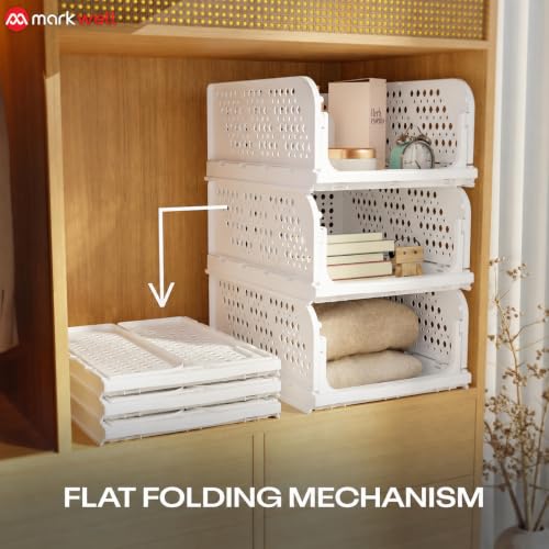 Image of MARKWELL 6 Layer Stackable Wardrobe Organizer for Clothes, Foldable Plastic Sliding Drawer Basket, Closet & Cupboard Storage for Shirts, Sarees, Towels & Toys, White, 44 x 33 x 19 cm