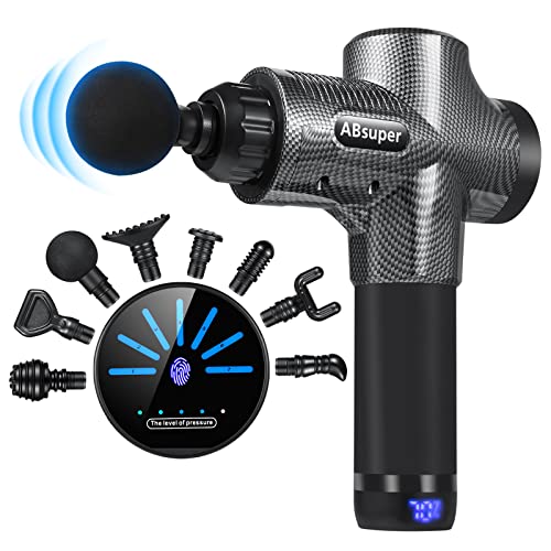 Pistola Massaggio Muscolare, Palmare Massaggiatore a Percussione Dei Tessuti Profondi Portatile, Massage Gun Fisioterapico Elettrico Per dolore muscolare, 7 livelli d'intensità 8 Testine, Carbon fiber Cover