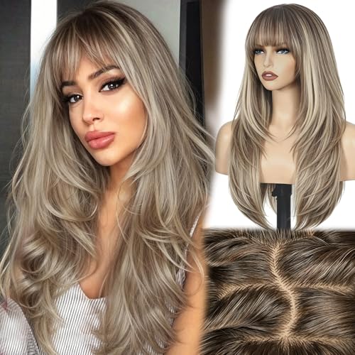 FLORVAE Long Wig with Bangs,4x4 Realistic Scalp Free Parting Wig,26 Inch Ombre Ash Brown Mix Platinum Blonde Layered Wigs for Women Synthetic Heat Resistant for Daily Party Use