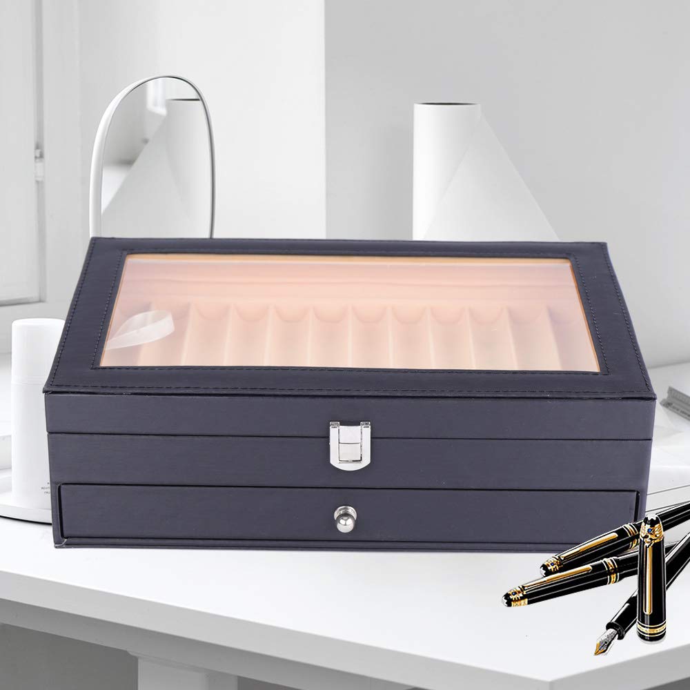 Meeden Sakura - Portapenne in legno con 24 scomparti, colore nero, 30,5 x 20 x 9,5 cm, coperchio trasparente, 2 livelli con cassetto