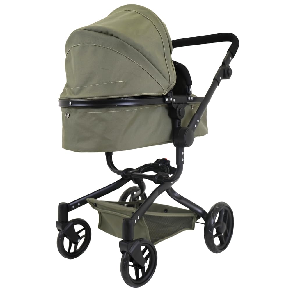Bandits & Angels Puppenwagen Grün Modern Angel 2in1 Retro Grün ab 3 Jahren – Puppenbuggy – Für Mädchen – Verstellbarer Schieber 48-81 cm – Komplett zusammenklappbar – Mit Einkaufskorb