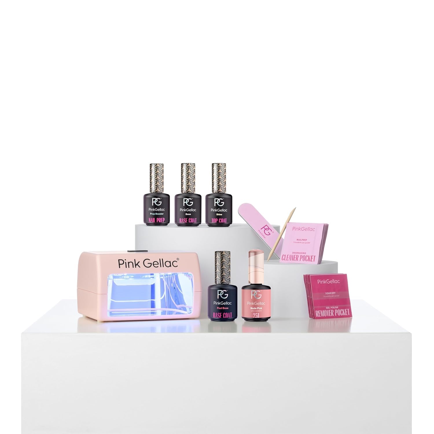 Pink Gellac Kit de Uñas Semipermanentes - Kit de Manicura con Compact Lampara Uñas Semipermanentes Rosa, 1 Color Rosa 15 ml, Top Coat y Base Coat Peel Off, Removedor y Limpiador - Calidad de Salón