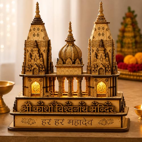 Image of VISHUFAB Wooden Kashi Vishwanath Temple Model | Handcrafted Religious Showpiece | Traditional Home & Office Decor