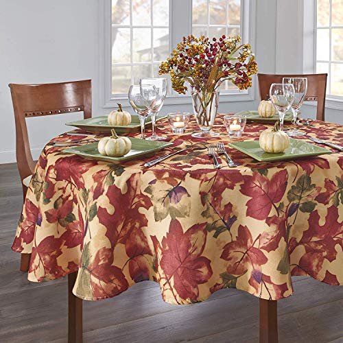 Newbridge Autumn Leaf Collage Contemporary Thanksgiving and Fall Season Fabric Tablecloth, Impressionist Fall Leaves Soil Resistant, No Iron Easy Care Tablecloth, 70 Inch Round