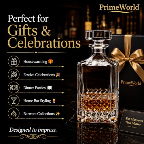 Image of PrimeWorld Crystal Glass Decanter with Stopper (750 ml) | Premium Liquor & Wine Decanter for Whiskey, Scotch, Bourbon, Vodka, Brandy & More | Elegant Glass Bottle for Home Bar & Gifting (1 Pc)