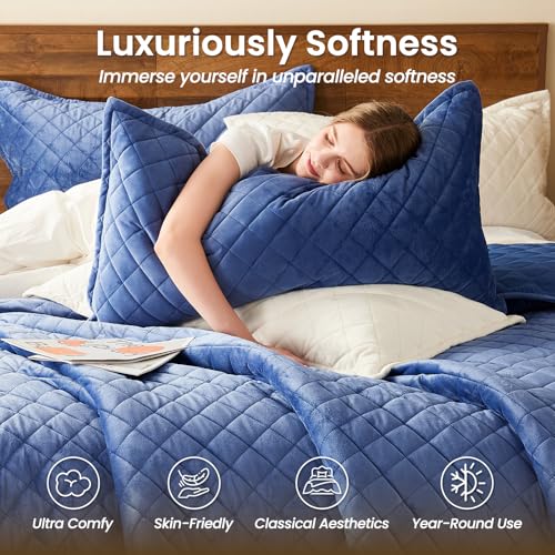 L'AGRATY Velvet Quilt King Size: 3-Piece Reversible Luxury Velvet Bedding Comforter Set - Lightweight Oversized Quilted Bedspread Coverlet with 2 Pillow Sham for All Season - Navy Blue Quilt