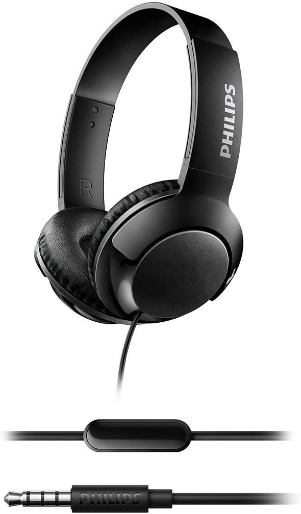 Philips BASS+ On Ear Headphones showing the inline remote and 3.5mm jack.