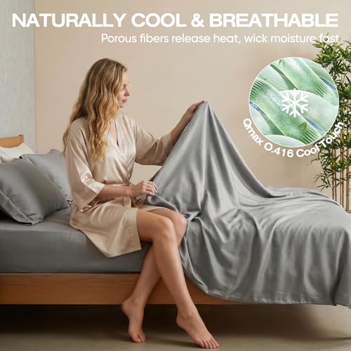 Image of Real 100% Viscose Derived from Bamboo Sheets Set Queen Size, Cooling & Silky Soft for Hot Sleeper, Luxury with Breathable & Moisture Wicking Fabric, 18 inch Deep Pocket with Corner Straps (Gray, Queen)