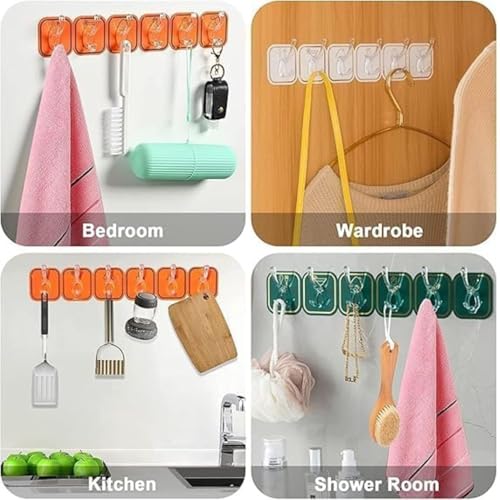 Image of Adhesive Wall Hooks Set | 18 Hook | Waterproof Oil Proof Foldable Self Adhesive Hooks | Reusable Invisible Organizer for Kitchen, Bathroom, Bedroom & Office - Multicolor