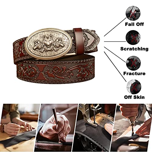 Embossed Leather Belt, Automatic Buckle Ratchet Belt with Engraved 3 Wolf Heads Filigree Buckle, Trim to Fit(115cm/waist:38"~40", Brown)2