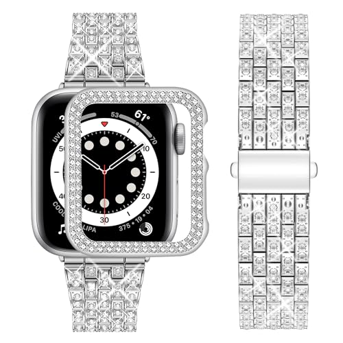 wutwuk Compatible Bling Apple Watch 9 8 7 Straps 45mm with Bling Case, Silver Sparkling Metal Woman iWatch Replacement, Bling Bracelet Diamond Rhinestone Wristband for iWatch Series 9 8 7 45mm-Silver