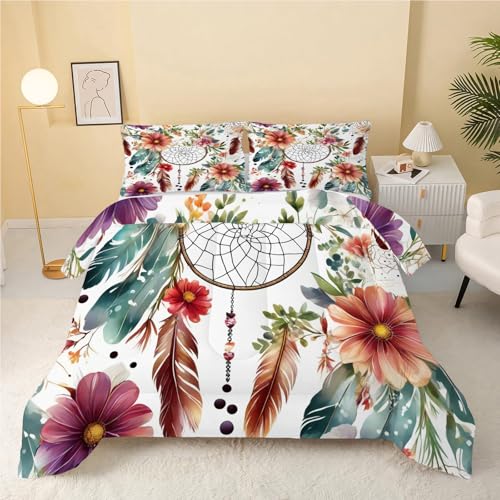 Edredon Cama 150/135 Blanco Relleno Nordico Cama 150/135 de Microfibra, Ligero y Suave 4 Estaciones Reversible Edredón 220x240 cm y 2 Fundas de Almohadas 50x75 cm, Flores, Plumas, Atrapasueños