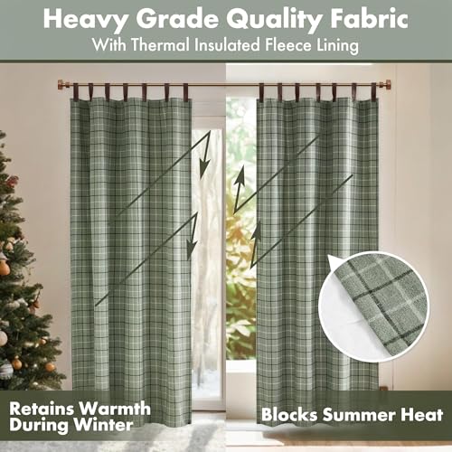 Image of Madison Park Anaheim Cabin Plaid Curtain Window, Thermal Insulated Fleece Lining, Living Room Decor Room Darkening Drape for Bedroom, 1-Single Panel Pack, 50x84 Faux Leather Tab Top, Green