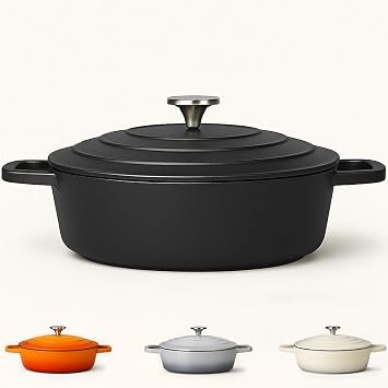 Casserole Dish with Lid Medium 4L, 28cm   Lightweight Cast Aluminium Casserole Pan Shallow Induction Hob & Oven Safe, Durable Non-Stick Cooking Pot Stew, Roast Black, 28cm - Shallow