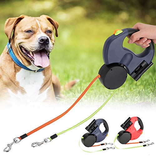 lyrlody Guinzaglio per Cani Retrattile 3 Metri, Doppio Guinzaglio del Cane per 2 Cani, 360° Groviglio- Guinzaglio Allungabile, con Luci a LED, Fettuccia in Nylon