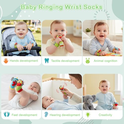 Image of SNOWIE SOFT Rattle Set for Babies 0-6 Months, Baby Socks and Wristband Rattle Toy Set, Cartoon Fun Cotton Sock with Cartoon Plush Rattles Toy for Newborn Baby Gift