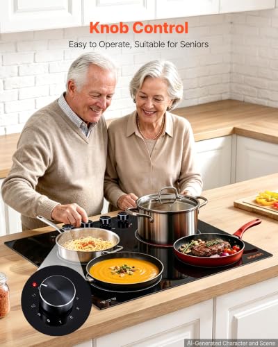 Image of VEVOR Electric Cooktop 24inch 4 Burners Stove Top 6000W 220V No Plug, Ceramic Built-in Radiant Electric Stove, with 11 Power Levels, Over-Heat Guard, Knob Control, for Diverse Cooking Requirements