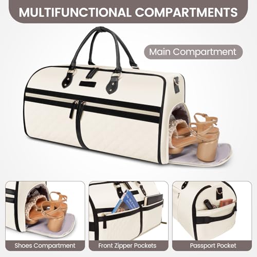 Convertible Garment Duffle Bags for Travel, Carry On Garment Bag with Shoe Compartment, 2 In 1 Travel Suit Bag with Shoulder Strap for Men Women, Waterproof Weekender Bag for Business Trip,Cream4