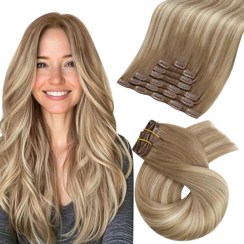 Image of Moresoo Clip in Hair Extensions Balayage Double Weft Real Human Hair Extensions Clip ins Light Brown Mixed with Golden Blonde Full Head 7Pieces 120Grams 20inch