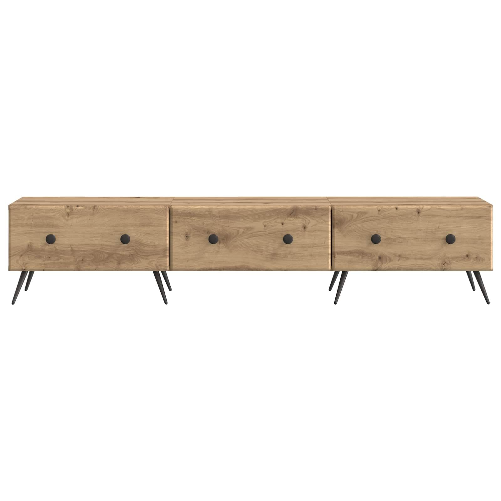 Hothingwell Szafka pod telewizor 147 x 34,5 x 30 cm dąb rzemieślniczy drewno inżynieryjne | Nowoczesny design, półki i szuflady, przechowywanie DVD, uchwyt na ekran, wymagany montaż