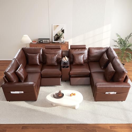 Image of RARZOE Modular Sectional Couch Armless Seats Module, Faux Leather Sofa 2 Armless Chairs Middle Module Seats, Modular Sectional Sofa Module for Living Room Home Theater,Brown