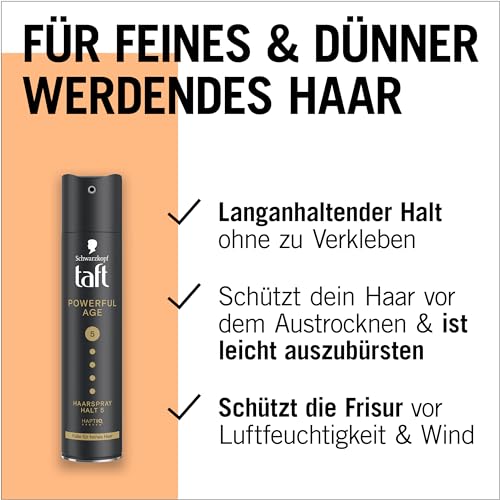 Schwarzkopf Taft Powerful Age lakier do włosów (250 ml), stopień utrwalenia, 5 stylizacji włosów, spray do cienkich i przerzedzających się włosów, obfitość do delikatnych włosów, wegańska formuła *