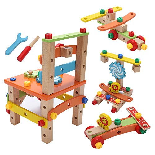 Yosooo Wooden Construction Toy, 2 Types New DIY Wood Disassembly Chair Tool Nut Assembly Chair Children Puzzle Toys Wooden Blocks Toys Wooden Building Set(B) - Thumbnail 3