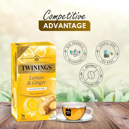 Image of Twinings Lemon & Ginger Tea, Perfect Blend of Zesty Lemon & Ginger Spice, Boosts Immunity, Rich in Anti-oxidants, Caffeine-Free, Made With Finest Ingredients, Enjoy as Hot or Iced Tea I 25 Tea Bags